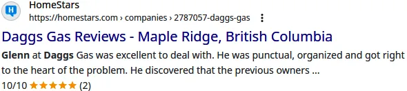 5-star customer review for Dagg’s Gas Contracting showcasing exceptional service and quality. Leave a review for our fireplace installation and repair services.