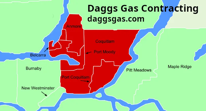 Map highlighting the Tri-Cities area (Coquitlam, Port Coquitlam, Port Moody) where Daggs Gas Contracting provides certified WETT inspections for wood burning appliances.